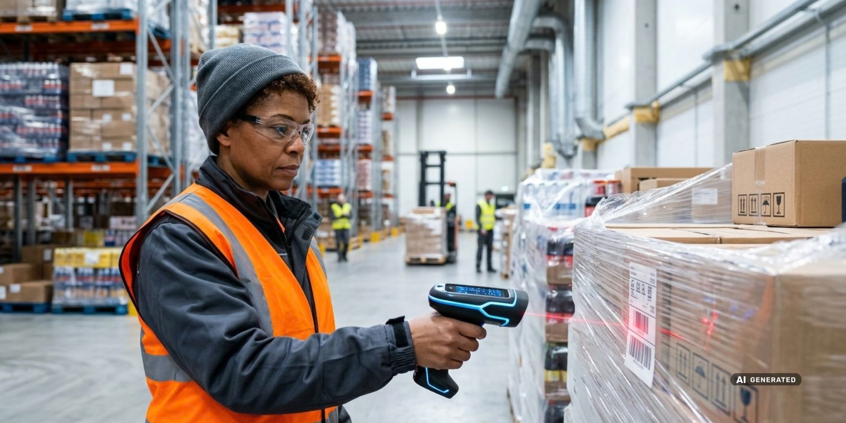 Fachkraft prüft per Handscanner MHD-Daten einer Palette in einer modernen Logistikimmobilie in NRW. Sichere Lagerlogistik und Kontraktlogistik.